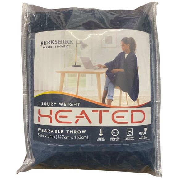 Navy - Berkshire Heated Velvety Plush Wearable Throw with Extra Long Cord, 58"x6